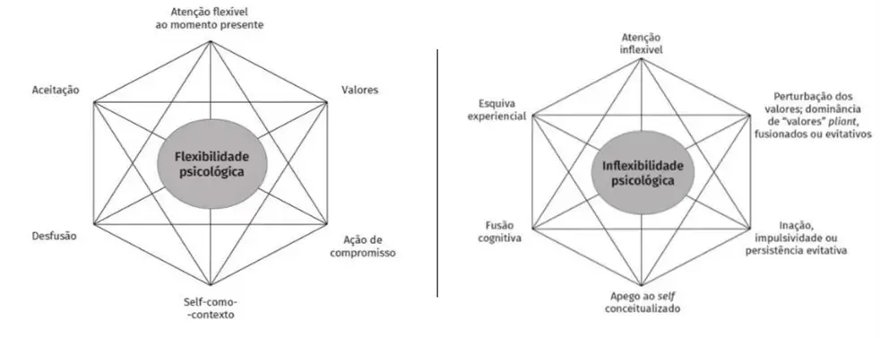 Hexágono da Flexibilidade Psicológica e Hexágono da Inflexibilidade Psicológica